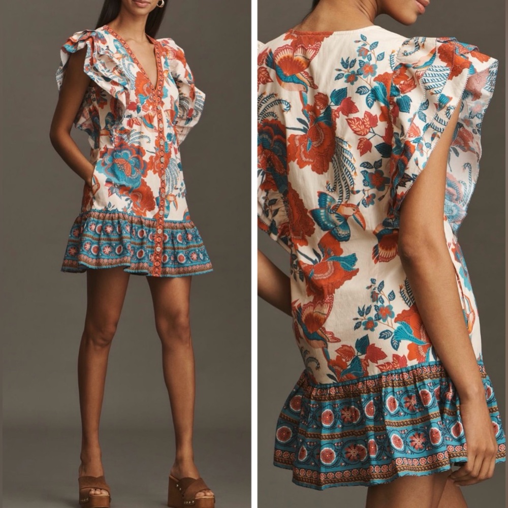 Farm Rio Ruffle-Sleeve Button Front Mini Dress